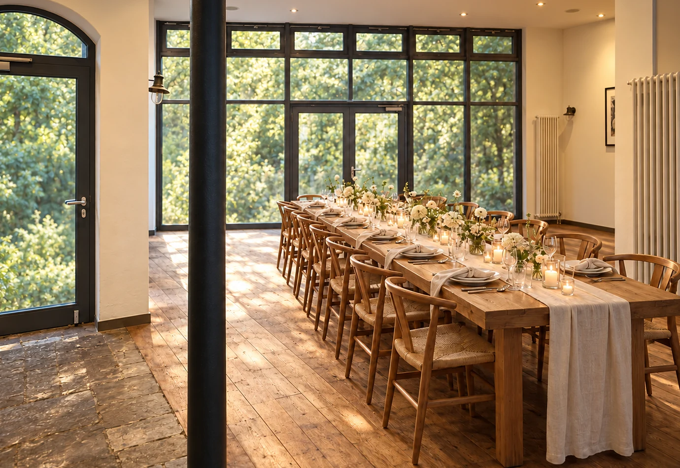Visualisierung einer festlich gedeckten Hochzeitstafel mit Kerzen und Blumen im Alten Torhaus